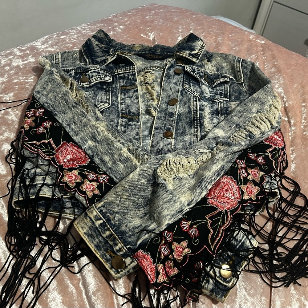 Distressed Denim Jacket with Floral Embroidery